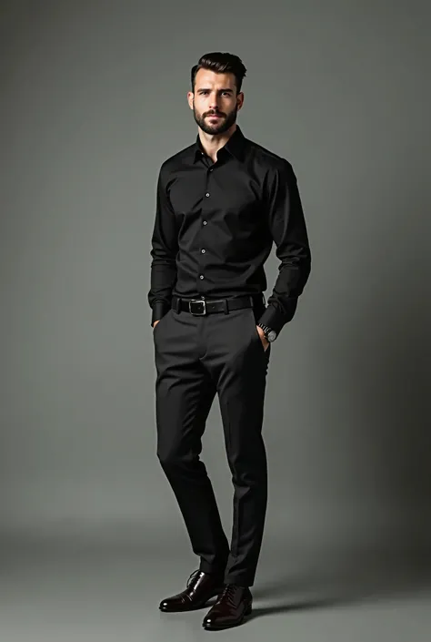 - Mens model ,  full body
- Using :
     - Slim dress shirt , black color,  Italian collar ,  black buttons
 - Formal pants ,  dark color
 - Dress shoes ,  dark color
 - Tidy hair ,  well-groomed beard
 - Confident and elegant posture
