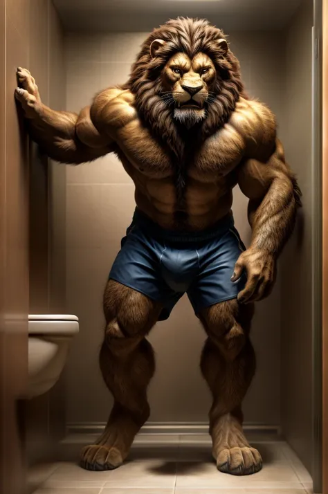 realistic photo scene 8k UHD ((ultra detailed masterpiece)), young handsome man, anthro lion, wide view, full body portrait, standing tall, short dark-brown hair, beard, wearing boxers, scared body, PAWS, large feet, yellow-iris, lion-tail, intense gaze, f...