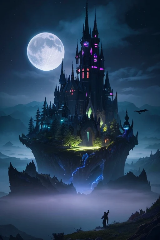 「A dark floating island 々 。 dragons and other mythical creatures fly around 、 perched above the island 。 use glowing elements and magical effects to highlight structures and vegetation and draw a fantastic world with gothic architecture and spires on 、 cre...