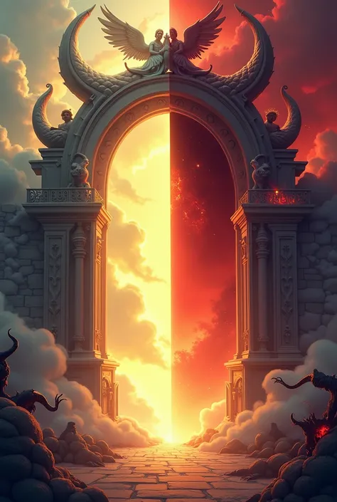 Make a gate half heaven(Angels, anything good) half hell(Red, Fire, Demons) but make it simple(a little bit cartoony