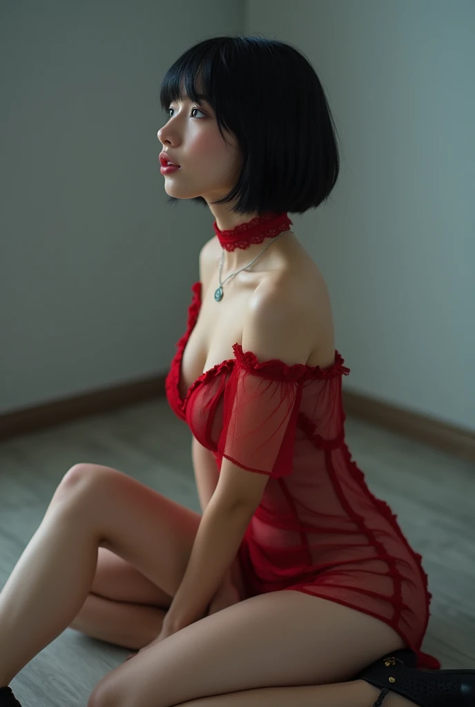 (  RAW photo,  best quality, masterpiece: 1.2), ( Photographically : 1.4),   Best Lighting  , 20 years old, ( black hair, short bob cut,  divide hair into 3 parts /, Hair on one ear , :1.15), (  Symmetrical Blue Clear Eyes  , Alone,    Medium Breasted   , ...