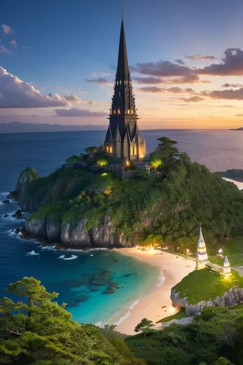 「暗く神秘的な風景の中に浮かぶisland々Please draw a tall spire 。island々 and add large glowing mushrooms and rich vegetation to 、islandの上に止まっています。 use glowing elements and magical light to emphasize the fantastic atmosphere。island々 。」
