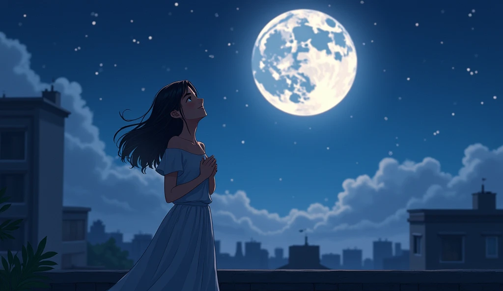 Ayesha back on her rooftop, smiling and holding her hands to her heart, as the moon shines brightly above. She looks thoughtful and happy, with a sense of wonder in her eyes. The stars twinkle in the background, and the scene is peaceful and serene.  
