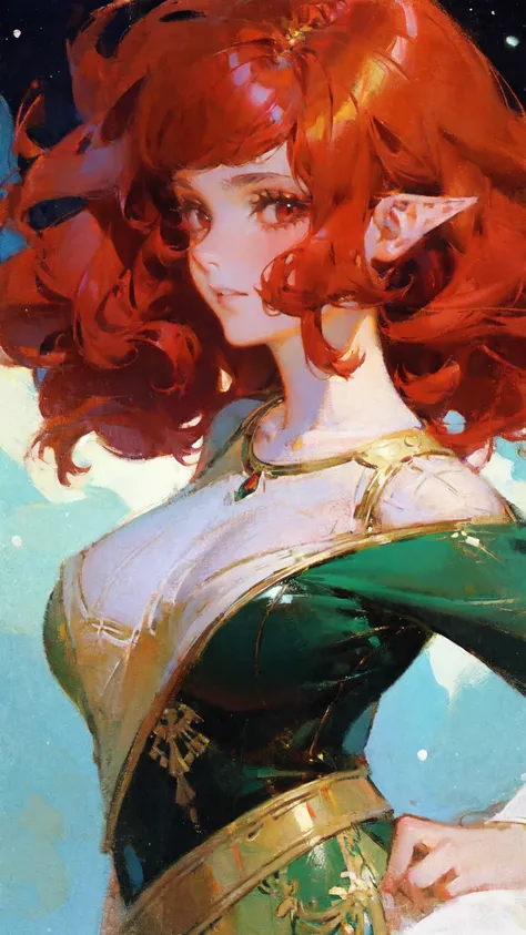  elven woman portrait art,  modern ,   red hair , thick black outlines,  character design ,  character concept art , blurred paint ,   picturesque illustration , highly detailed,  cartoon proportions ,  Shiny straight hair , creative