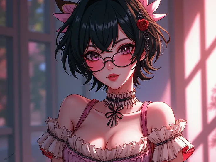  black hair,  anime style, Frilly clothes, Idol,Heavy makeup,  wearing glasses , Short Hair,  full body image,Transvestite