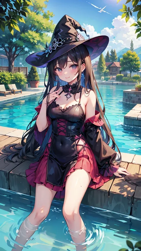 、four beautiful girls、gothic、witch, happy smile、beautiful background, (river, swimming pool and fantasy), four girls, masturbating while showing their vaginas until urine comes out