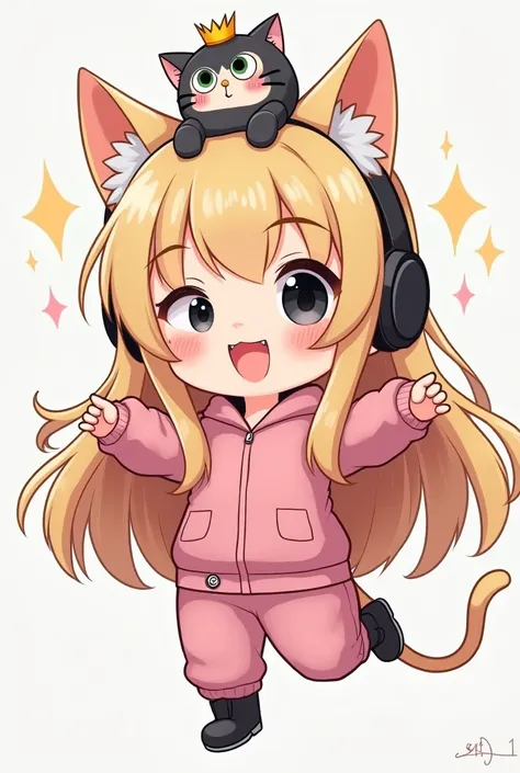 Chibi, blonde, with long black hair and black eyes, who is overly happy and jumps with joy and has a cat headset, plays games on her head and carries a little cat with a superpower with a golden crown on her head. The painting must be in painting mode, wea...