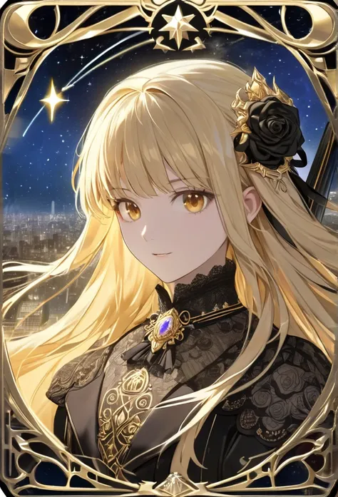 Upper body close-up（((masterpiece), on)"": A fantasy-themed anime-style character with intricate details: A young woman with long, flowing blonde hair adorned with black ribbons, wearing a luxurious and highly detailed outfit combining Victorian and gothic...