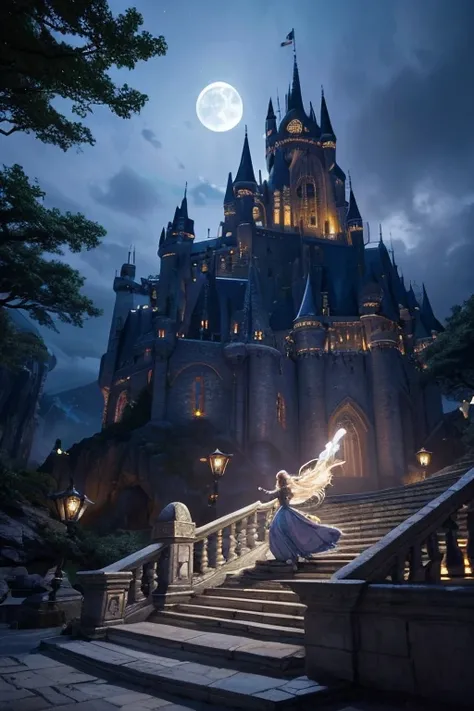 「In the fantasy world、 Draw an elf character climbing a spectacular staircase illuminated by moonlight。 The characters are wearing beautiful silver armor 、 long gray hair dancing in the wind 。Theres a majestic castle in the background 、 The stairs are magi...