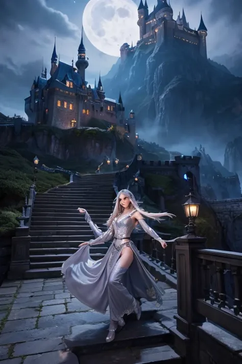 「In the fantasy world、 Draw an elf character climbing a spectacular staircase illuminated by moonlight。 The characters are wearing beautiful silver armor 、 long gray hair dancing in the wind 。Theres a majestic castle in the background 、 The stairs are magi...