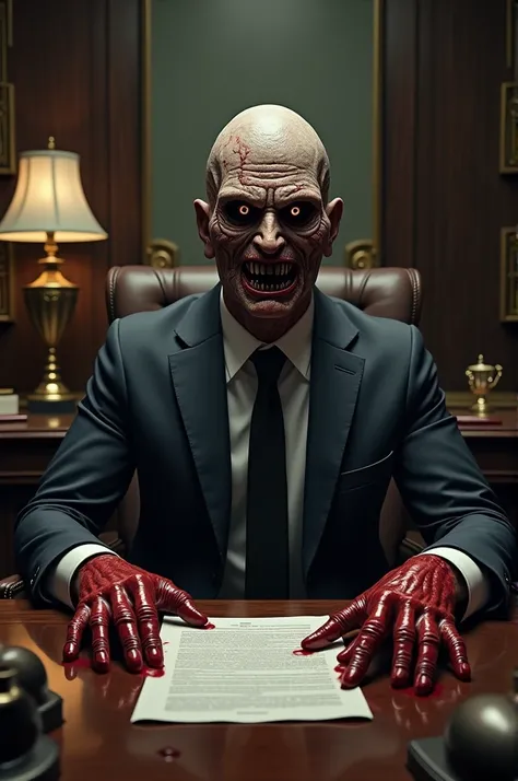 Businessman sitting at a desk wearing a horrible mask and with a lot of blood on his hands