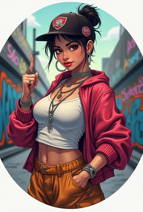 Hi! Can you make me an perfect round pfp? The character is looking up into the camera showing the middle finger  with a confident, playful expression, perphaps with a slight smirk. The outfit inspired by y2k hip-hop fashion, including oversized t-shirts, b...