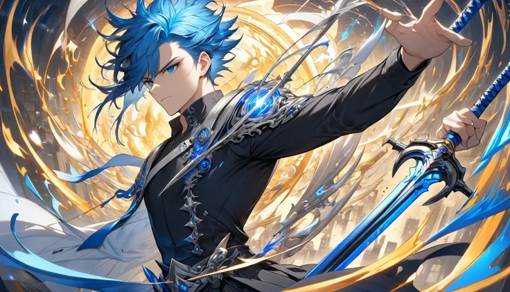 (       Handsome Black Jacket       )      A boy in a black shirt        、      Blue Haired with a Spine          、      High Dynamic Range     、whole body、 Shining bright light 、Looking Ahead 、 Looking Ahead  (  Perfect Anatomy )    Man Has Spines      、 ...