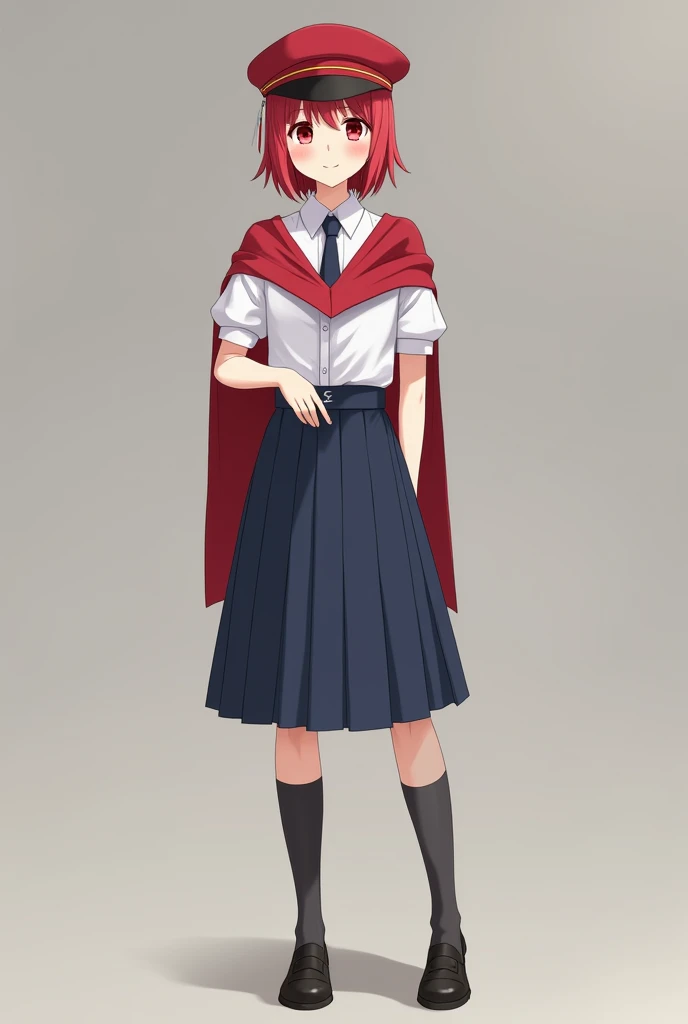 Create an image of a  girl in a white shirt with a navy blue tie with a navy blue skirt black shoes with her red cap and red stole that is on her V-shaped neck is a uniform for a graduation