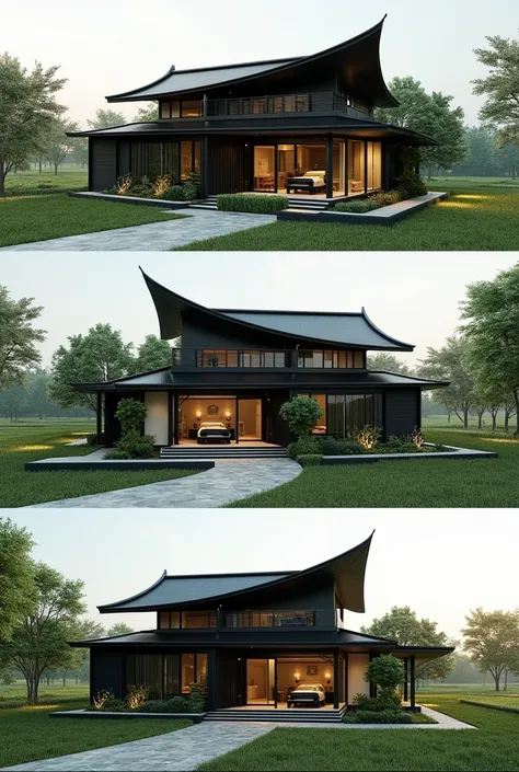 Khmer modern house design with black and green color, three bedrooms, one bathroom, one   car and field view.