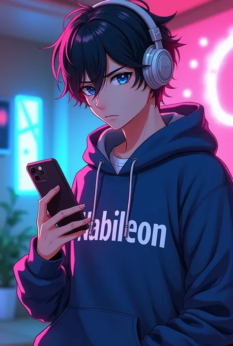 Anime boy wearing a hoodie written on it Nabileon and a headphones playing on iphone in room, anime moe art style, young anime man, Anime boy, High Quality Anime Art Style, nightcore, style of anime4 K, with headphone, Digital anime illustration, Tall anim...