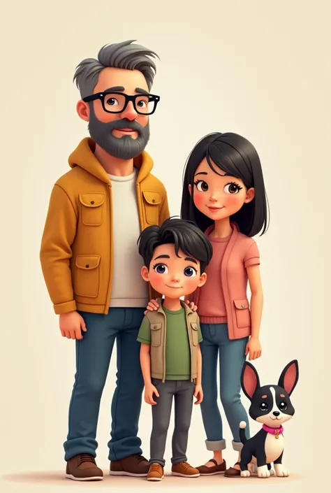    Animated illustration of a family composed of a 43-year-old father with tan skin of one meter seventy with gray hair with a black beard with gray hair and black rectangular lenses, a 44-year-old mother with shoulder-length black hair and white skin with...