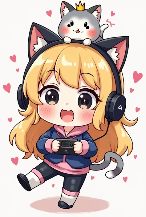 Chibi, blonde, with long black hair and black eyes, who is overly happy and jumps with joy and has a cat headset, plays games on her head and carries a little cat with a superpower with a golden crown on her head, the painting must be in painting mode, wea...