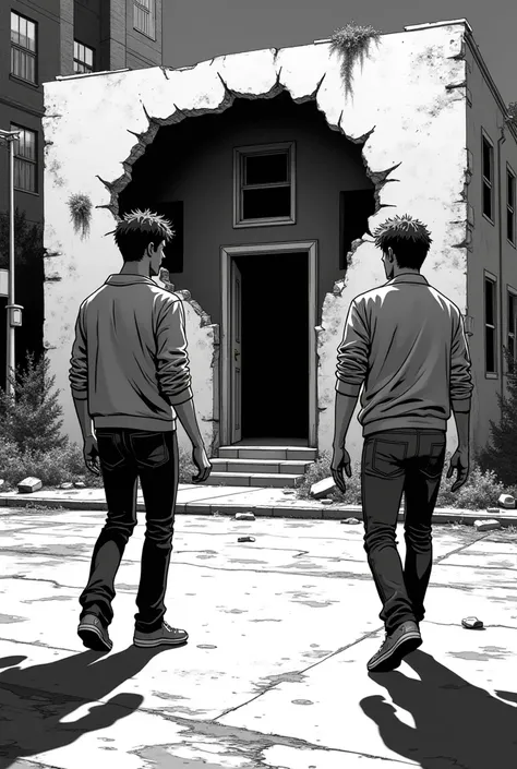 Make an image of a black and white comic of two male friends about to enter an abandoned house through a hole in the wall seen from across the street in a city