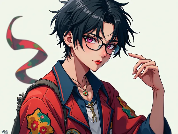  black hair,  anime style,  furi furi clothes,Heavy makeup,  wearing glasses , Short Hair,  full body image,male