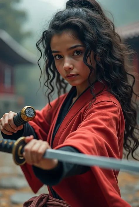 realistic photo of a (pretty girl, 20 years old, brunette, black eyes) fighting with a katana against a ninja robot , (full lips) , ((perfect face)), [[mild smile]], proportionate body,mixed herritage, beautyfull, beautyfull face, tanned skin, two arms, tw...