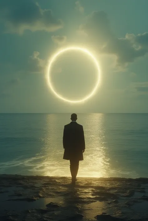 Arafed man, with short, well-groomed hair, wearing a black coat and black pants, standing at the edge of the ocean with a circular light in the background, and the light on the floor forms an infinity emerging from the void, by Beeple, towards the unknown,...