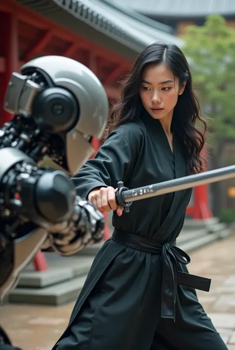 realistic photo of a (pretty girl, 20 years old, brunette, black eyes) fighting with a katana against a ninja robot , (full lips) , ((perfect face)), [[mild smile]], proportionate body,mixed herritage, beautyfull, beautyfull face, tanned skin, two arms, tw...