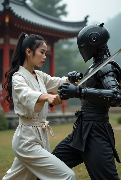 realistic photo of a (pretty girl, 20 years old, brunette, black eyes) fighting with a katana against a ninja robot , (full lips) , ((perfect face)), [[mild smile]], proportionate body,mixed herritage, beautyfull, beautyfull face, tanned skin, two arms, tw...