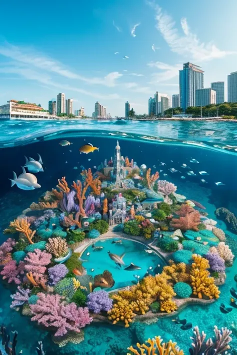 「 draw a fascinating undersea city 。 The city consists of complex and majestic buildings 、Dolphins are swimming around it 。 place colorful corals and seaweed in the foreground 、 people in flowing costumes stand on the seabed、 draw a view of the city 。」
