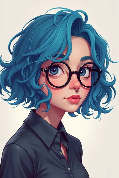  Create for an avatar with the following information :

Name: Julia
Archetype : curious, rebel and creator
Personality : funny, intelligent, centered,  efficient and self-sufficient

She has short wavy hair,  degrade with a blue patch ,  wears round glasse...