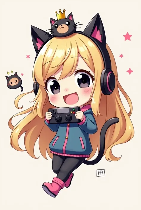 Chibi, blonde, with long black hair and black eyes, who is overly happy and jumps with joy and has a cat headset, plays games on her head and carries a little cat with a superpower with a golden crown on her head, the painting must be in painting mode, wea...