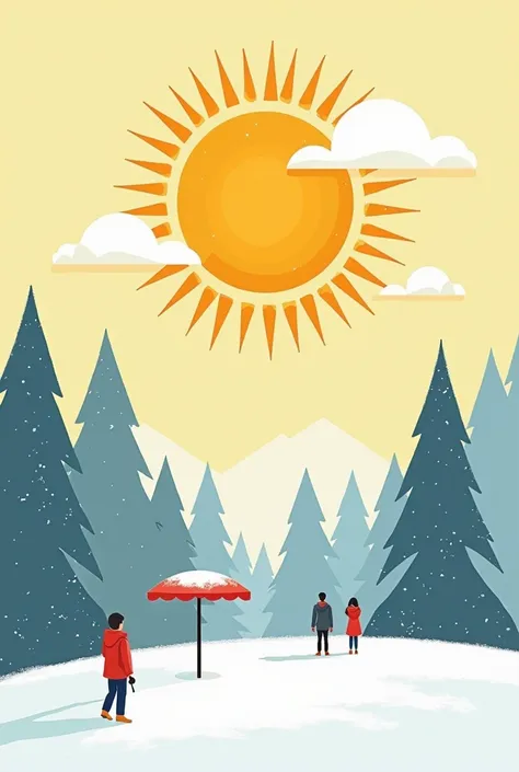   there is a poster with a sun and people in the snow ,  an illustration inspired by Hermann Rüdisühli , despegar, arte digital, cold Sunny weather, very Sunny weather,  Simple illustration , slightly Sunny weather,  web design icon for solar carport ,  Si...