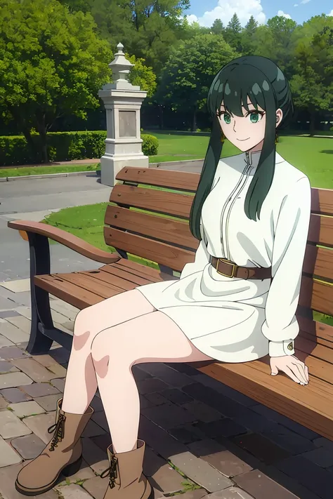 masterpiece,best quality,highres,ultra-detailed,frieren,green eyes,long hair,twintails,parted bangs,earrings,jewelry,dress,long sleeves,white capelet,belt,boots,brown footwear,outdoors,bench,sitting,smile,