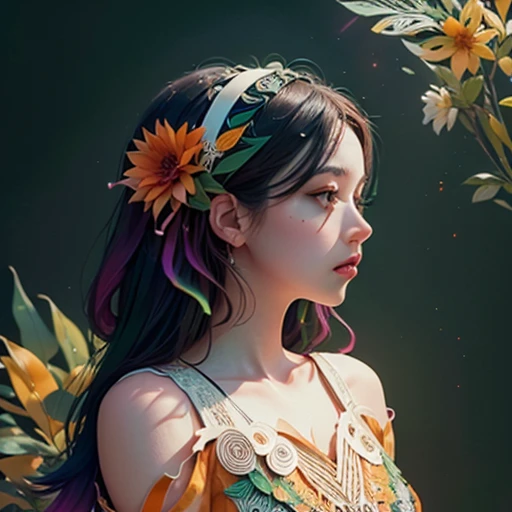 (paper-cut craft, no-frame, no-mask, gradient green orange wall:1.2), 1girl among colorful vanilla flowers, pale skin, black hair, black eyes, side view, (unity 8k wallpaper, ultra detailed, masterpiece, best quality, official art, beautiful and aesthetic:...