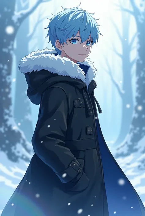 Anime teenage boy with long black winter coat with white fur on hood, short light blue hair, light blue eyes, ice powers