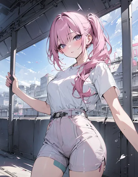  Top Quality 　masterpiece　 high resolution　masterpiece　Pink hair　Gray eyes　 Side Ponytail 　 Casual Outfit 