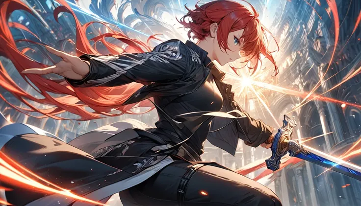 (        Handsome Black Jacket        )       Girl in a Black Shirt         、       Red Hair and Spine           、       High Dynamic Range     、whole body、 Shining bright light 、Looking Ahead 、 Looking Ahead  (  perfect anatomy )     A Man Has a Spine    ...