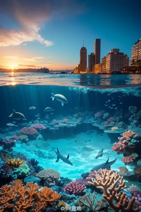 「 draw a fantastic scene where an ancient grand city spreads out under the sea。Picture dolphins swimming around the city 、 place colorful coral reefs and seaweed in the foreground 。 people in flowing costumes stand on the seabed 、 staring at the city 。」
