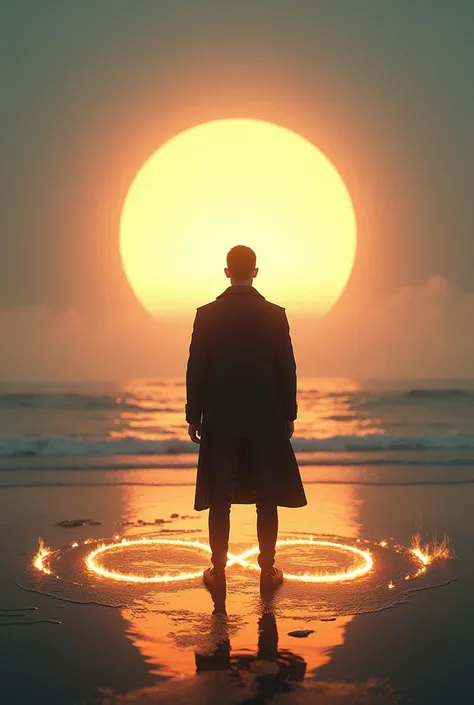 Arafed man, with short, well-groomed hair, wearing a black coat and black pants, standing in front of the edge of the ocean with a circular light in the background, and the light on the floor forms an infinity emerging from the void, by Beeple, towards the...