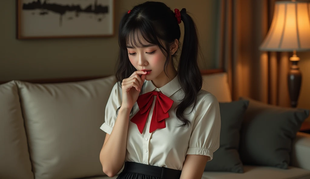  Very realistic photo ，Very real photos，Hyperrealism，8K，Very realistic picture ， A young girl named Ruby ， This girl looks like a movie star Satomi Ishihara，Wearing double ponytails， in a white shirt ，Big breasts，Red bowtie， black pleated skirt ，She sat on...