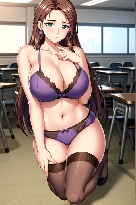 background school classroom ,
purple floral bra ,purple floral panties , black stocking on both legs to the thigs,composition fu...