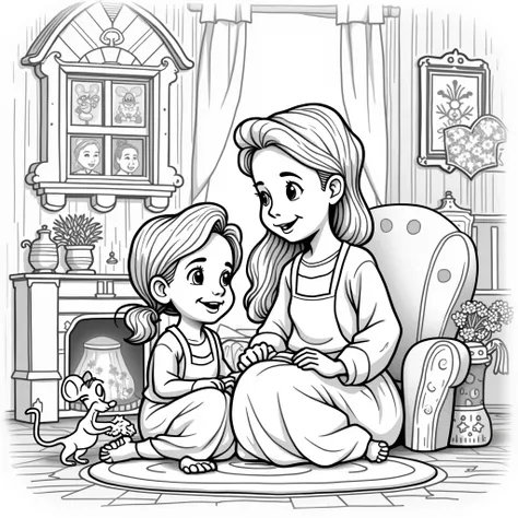 Create a beautiful house with a girl and her grandmother and a little mouse happy coloring in black and white Disney version