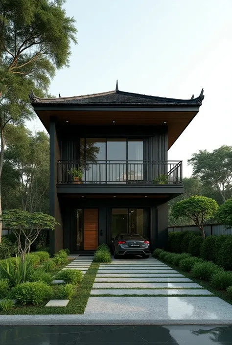 Khmer morder house design with black and green color, three bedrooms, one bathroom, one   car and farm viewing.