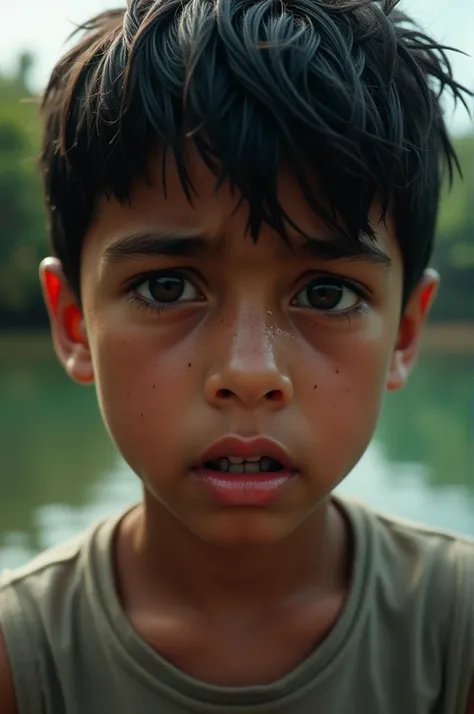 Close-up of a ten-year-old Venezuelan boy from the white Guarico state with black hair with tears in his eyes crying desperately and behind him a tropical river bay 