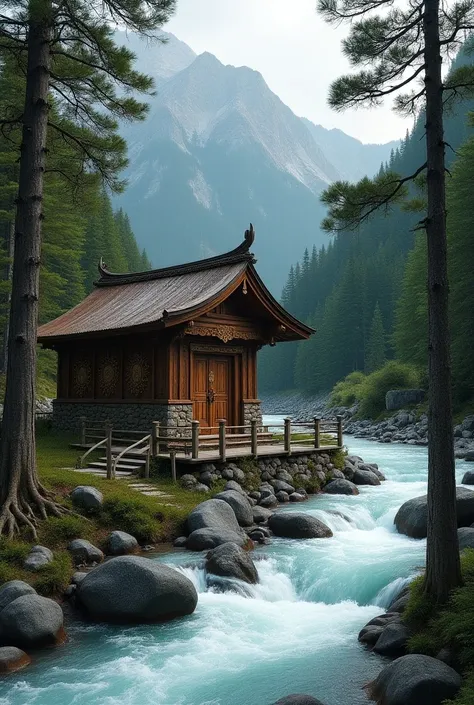 A small kahtkuni temple made from wood and stone and carving on wood and all temple and near white water river, rocks  and  big  alpine trees and its roots touching river  and mountain with wooden railing and carving on it