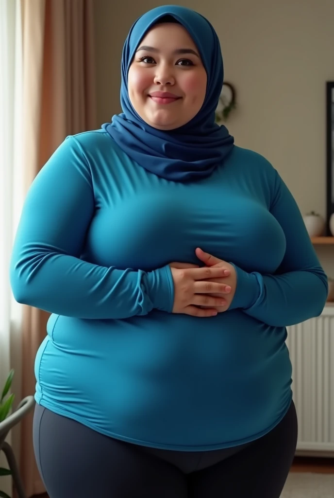 beautiful chubby girl in hijab, big full breasts, beautiful curvy and plump body, wearing a blue tight shirt, wearing sexy leggings, hold breasts, realistic detailed quality, ultra detailed