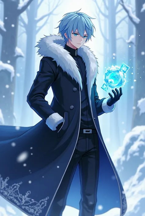 Anime adult boy with long black winter coat with white fur on hood, short light blue hair, light blue eyes, ice powers