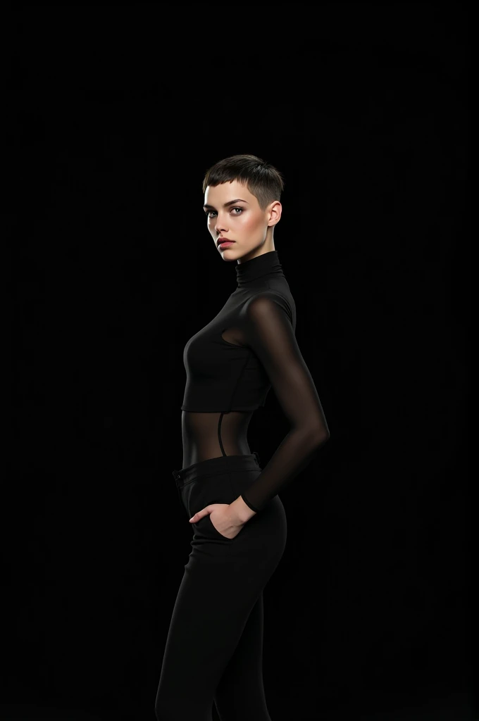 Short hair tall girl posing in a black background 