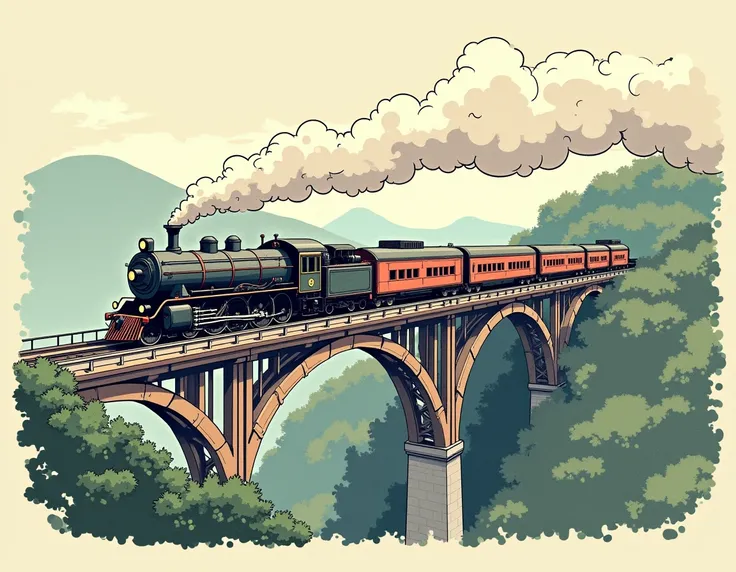 old Japanese train in profile on a bridge in the style of illustration