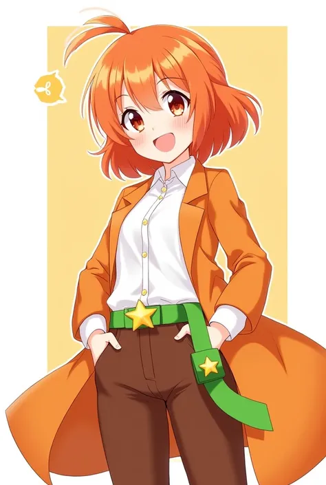 Create an orange-haired character an orange coat a white blouse with an eye with a star shining very happy anime version with brown pants and the belt Green  with a star in the mans eye